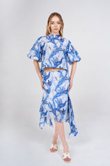 Iris Puff-Sleeve Set, Blue White, front view