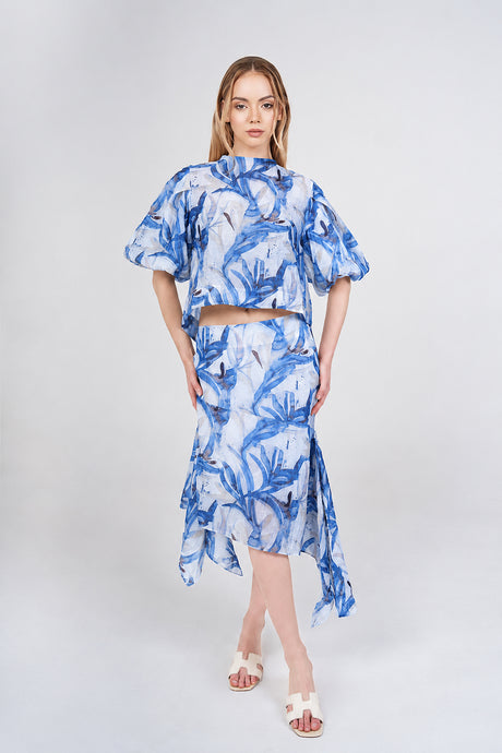 Iris Puff-Sleeve Set, Blue White, front view