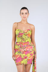Coco Draped Mini Dress, Lime Floral, front detail