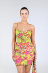 Coco Draped Mini Dress, Lime Floral, front detail