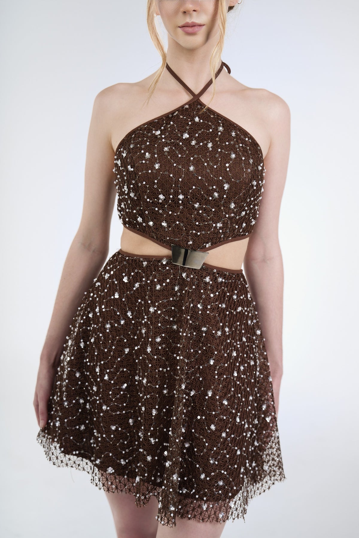Stella Sequin Mini Dress, Brown, front detail