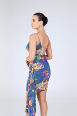 Coco Draped Mini Dress, Blue Orange Floral, side back view