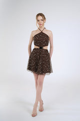 Stella Sequin Mini Dress, Brown, styled front view