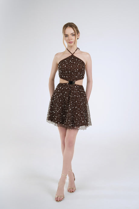 Stella Sequin Mini Dress, Brown, styled front view