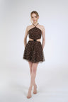 Stella Sequin Mini Dress, Brown, styled front view