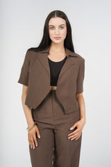Quinn Tailored Trouser Set, Brown, close-up front detail