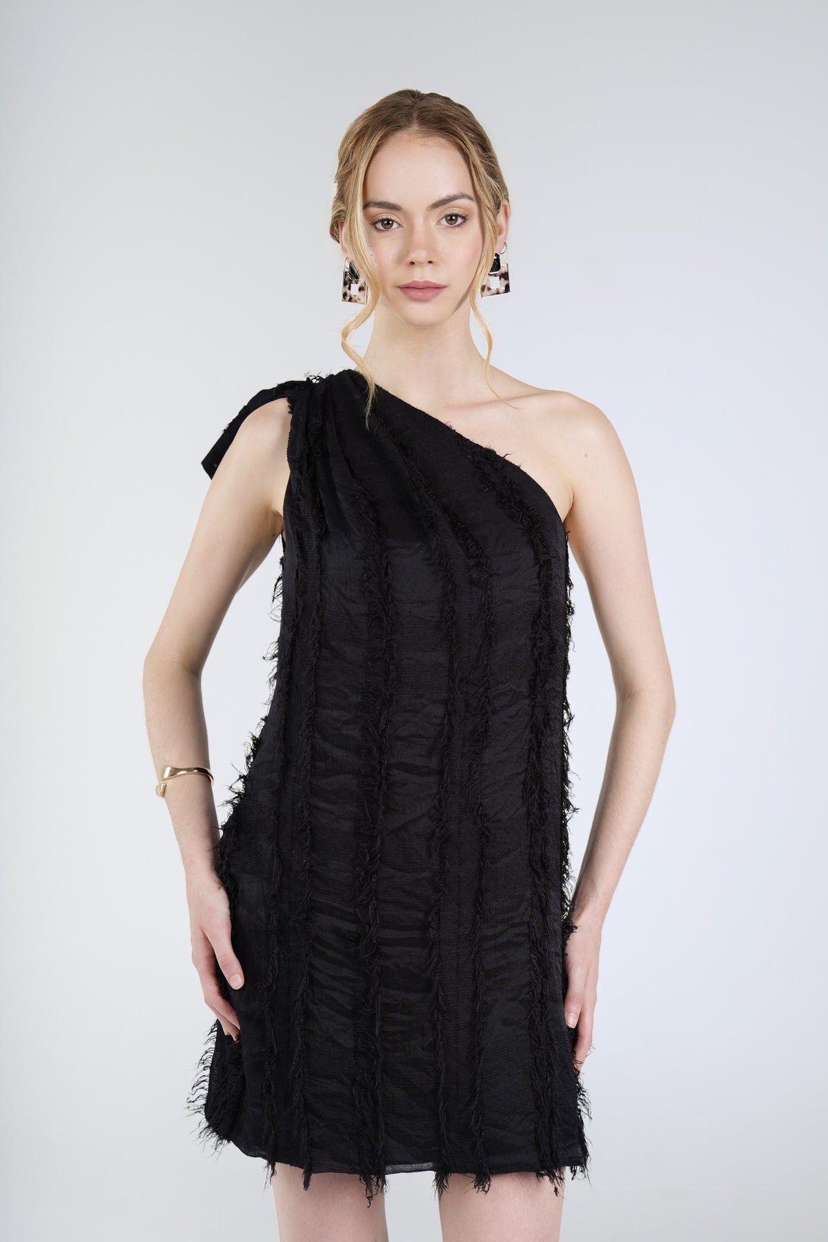 Freya Fringe Mini Dress, Black, front detail