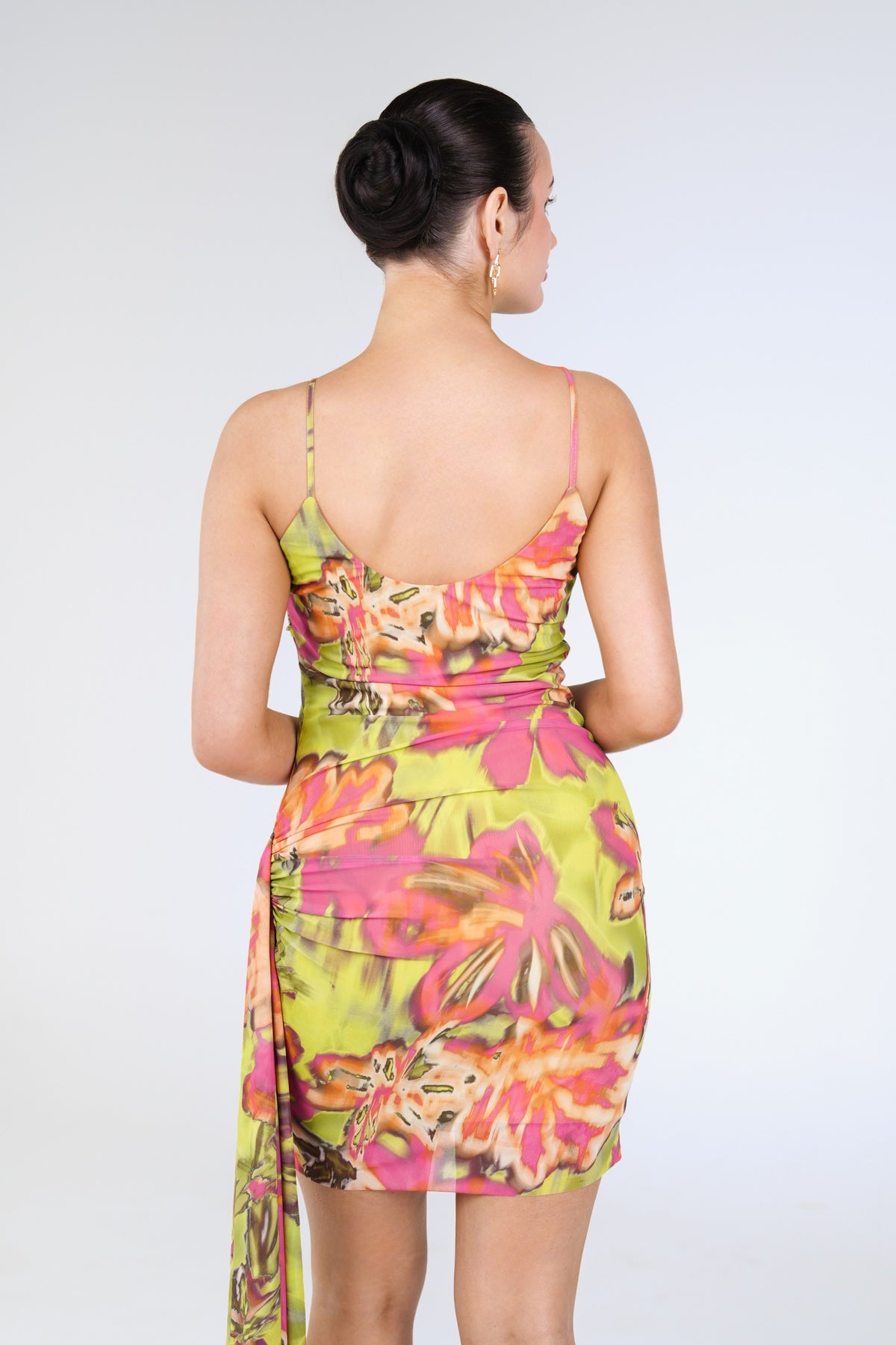 Coco Draped Mini Dress, Lime Floral, back view