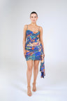 Coco Draped Mini Dress, Blue Orange Floral, front view