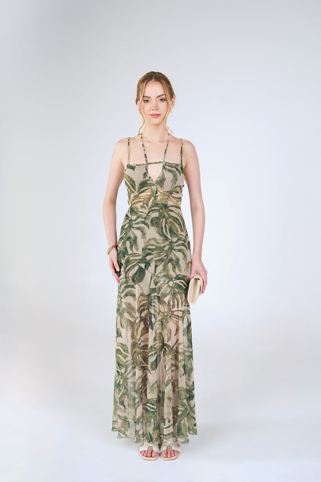 Fern Cutout Maxi Dress, Green Palm, front view