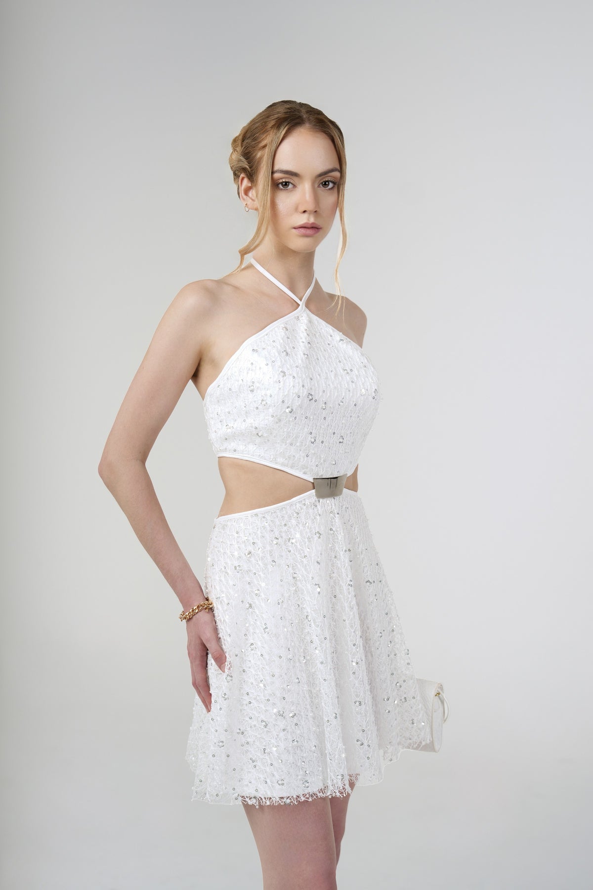 Stella Sequin Mini Dress, White, side view
