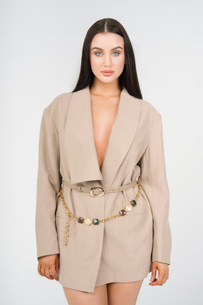 Remy Belted Blazer Dress, Beige, front detail
