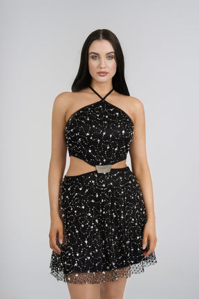 Stella Sequin Mini Dress, Black, styled front view