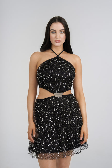 Stella Sequin Mini Dress, Black, styled front view