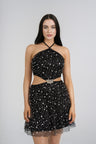 Stella Sequin Mini Dress, Black, styled front view