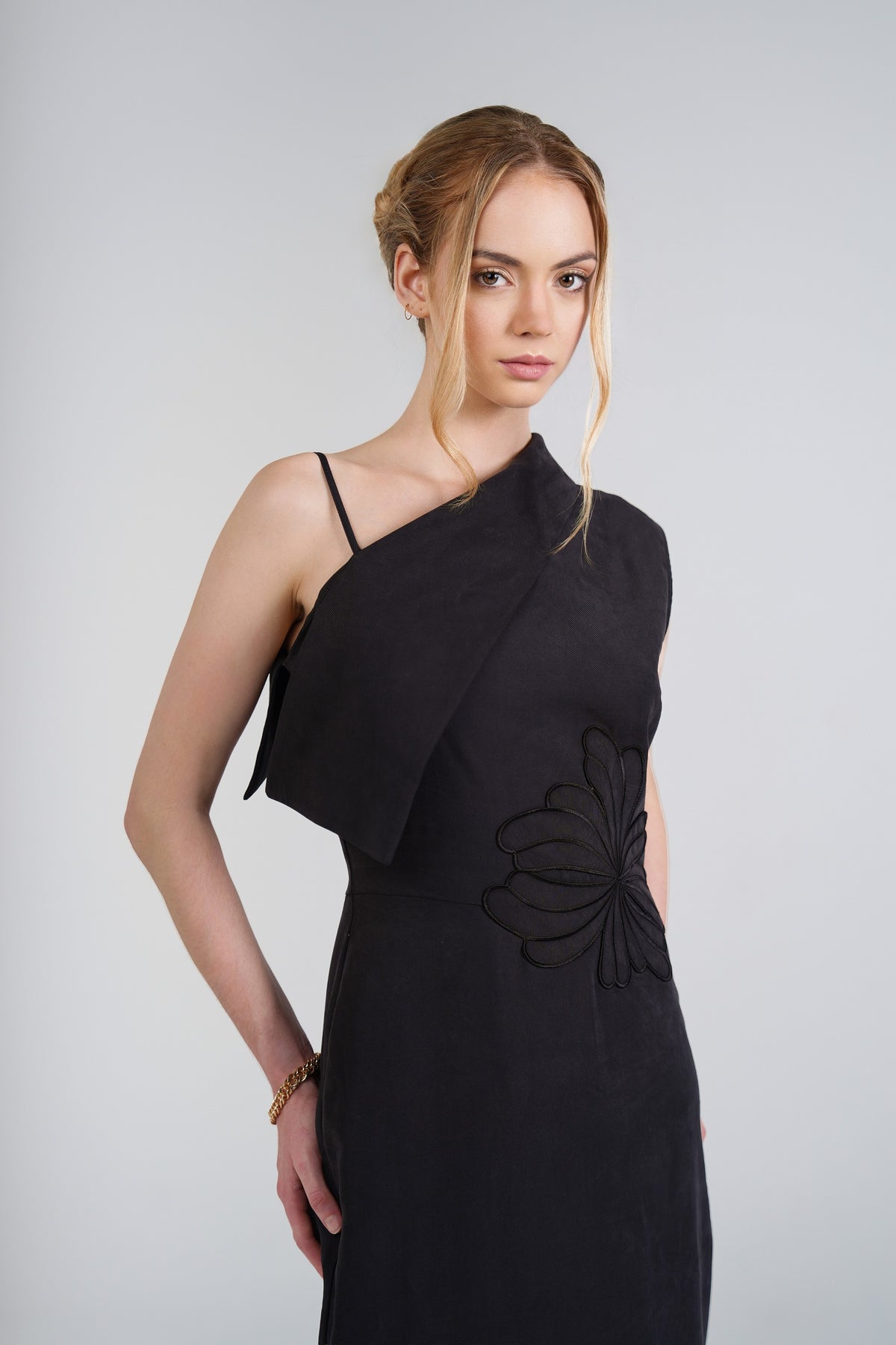 Solaris Column Dress, Black, close-up detail