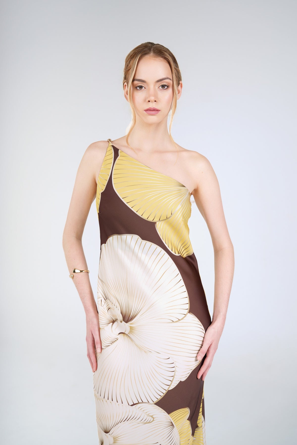 Petra Orchid Maxi Dress, Brown Yellow Orchid, front detail