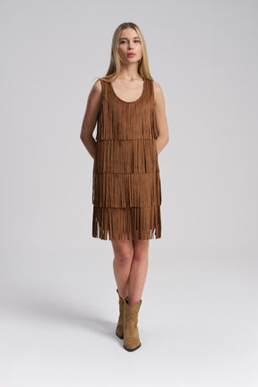 Brown suede fringe mini dress western style – MTStyle