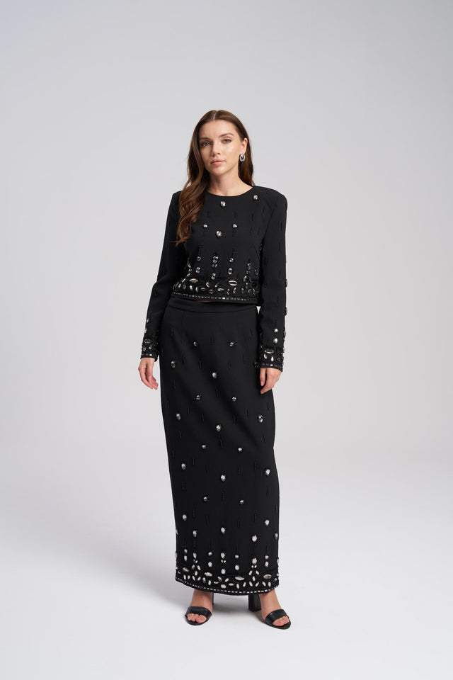 Crystal embellished black maxi skirt set for women