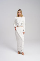 White crystal embellished evening maxi skirt set
