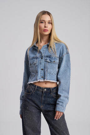 Cropped denim jacket with rhinestone detailing – front view