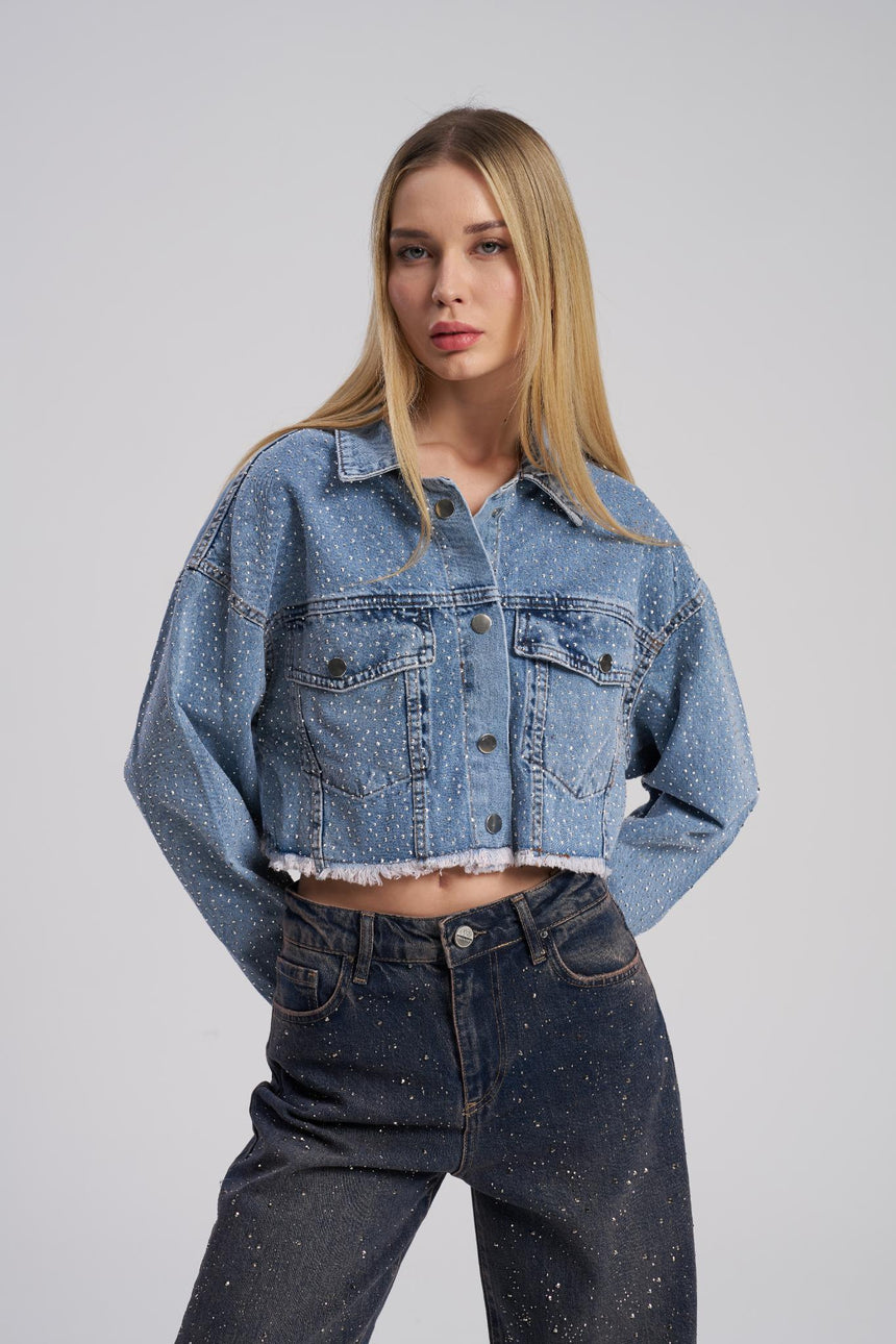 Cropped denim jacket with rhinestone detailing – front view