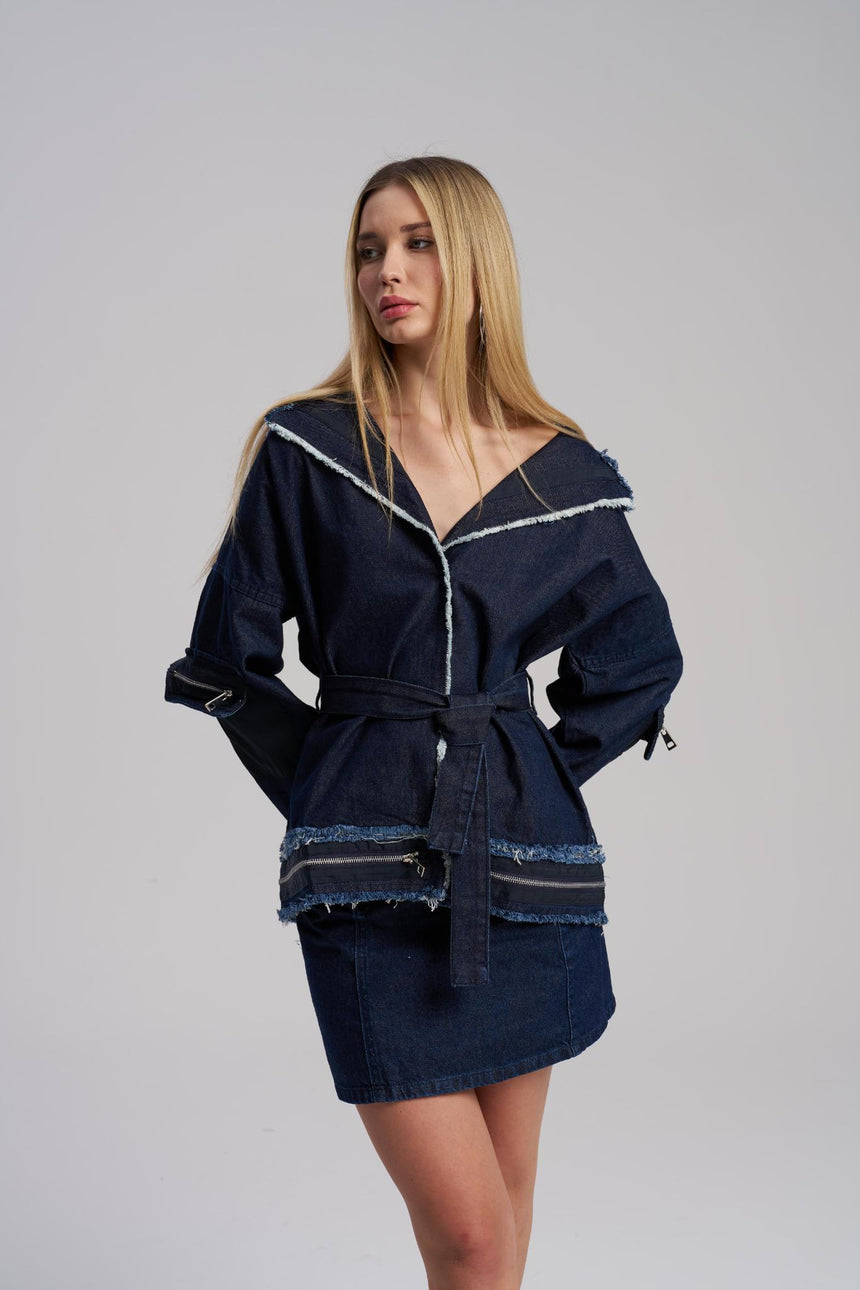 dark blue denim jacket with belt and mini denim skirt
