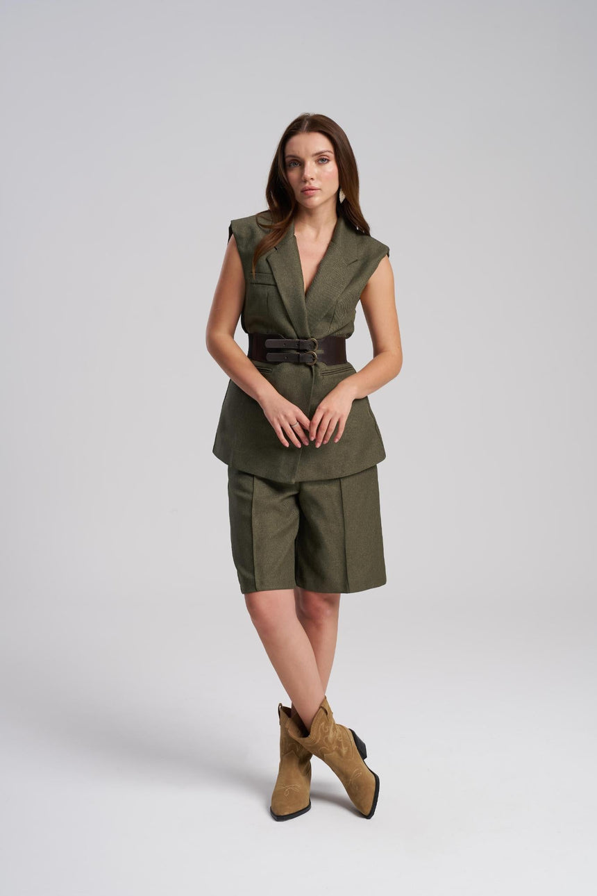Green tailored vest and high waist bermuda shorts set
